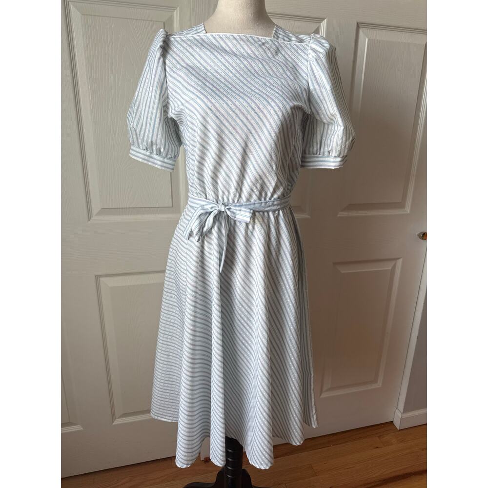 Vintage 1980s Landon West Puff Sleeve Stripe Dress Nancy Wheeler Cottagecore